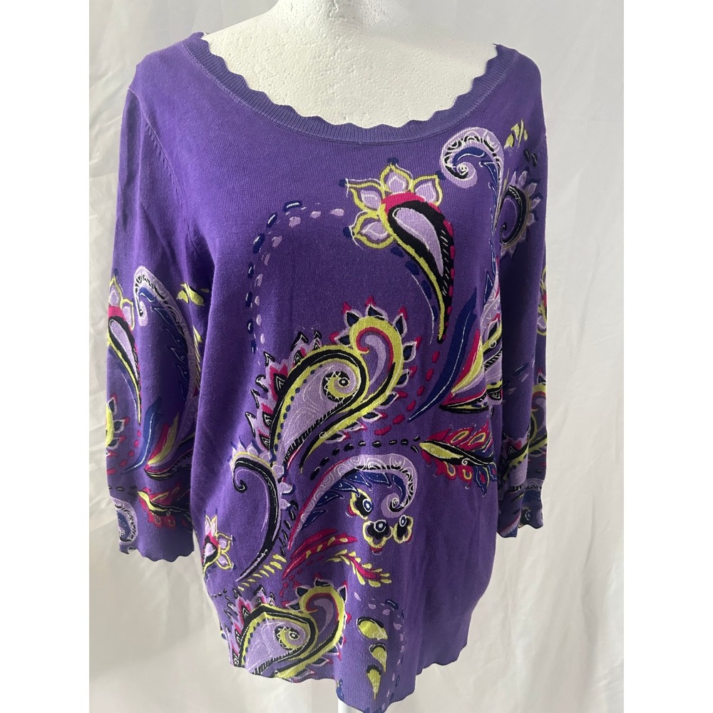 Joseph‎ A Petite Large Purple Paisley Scalloped Sweater Persia Ultraviolet NEW